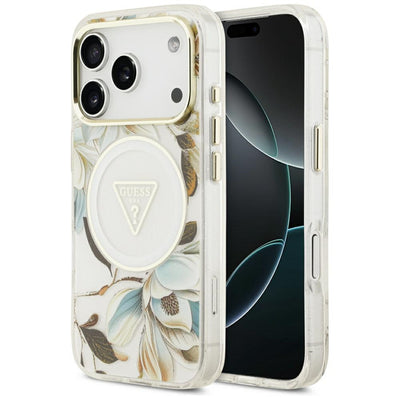 Husa Guess IML Glitter Flowers Triangle Magsafe pentru iPhone 17 Pro / 18 Pro - Alb