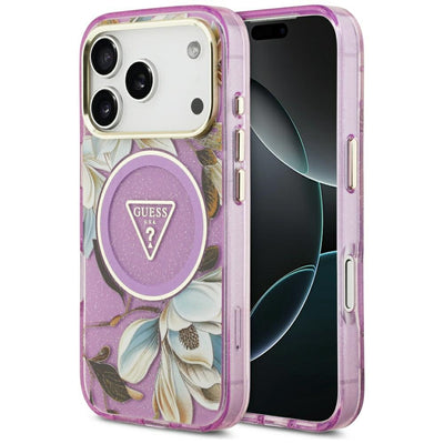 Husa Guess IML Glitter Flowers Triangle Magsafe pentru iPhone 17 Pro / 18 Pro - Mov