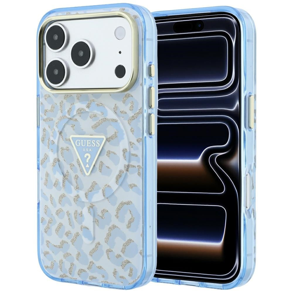 Husa Guess IML Leopard Glitter Triangle Logo Magsafe pentru iPhone 17 Pro / 18 Pro - Albastru