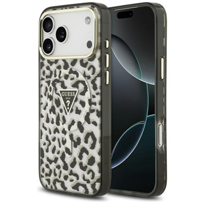 Husa Guess IML Leopard Glitter Triangle Logo Magsafe pentru iPhone 17 Pro Max / 18 Pro Max - Negru