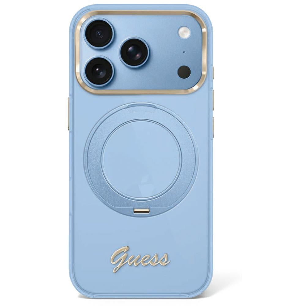 Husa Guess IML Ring Stand 360 Script Metal Logo Magsafe pentru iPhone 17 Pro / 18 Pro - Albastru deschis