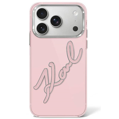 Husa Karl Lagerfeld IML Big Signature Resin Metal Frame pentru iPhone 17 Pro / 18 Pro - Roz