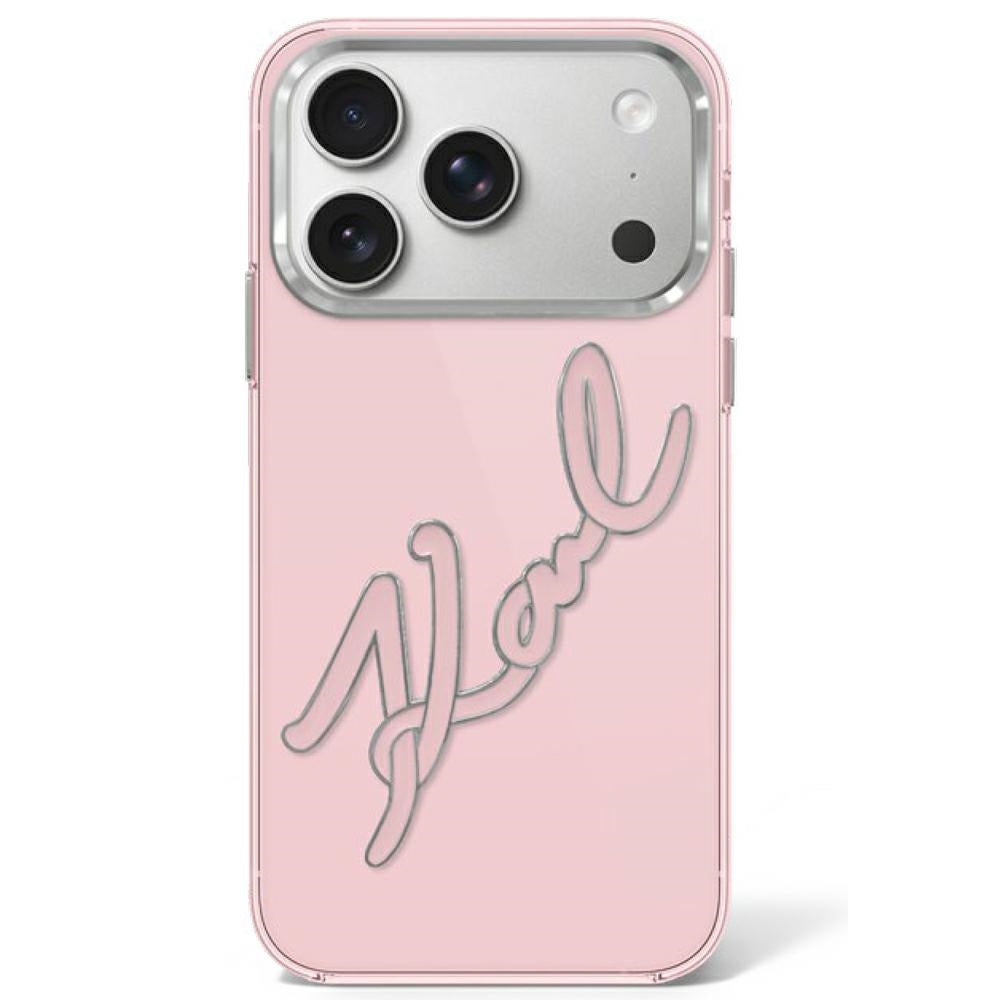 Husa Karl Lagerfeld IML Big Signature Resin Metal Frame pentru iPhone 17 Pro / 18 Pro - Roz