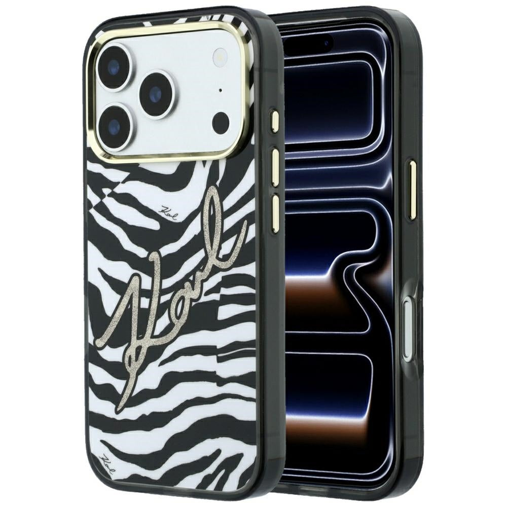 Husa Karl Lagerfeld IML Signature Zebra Glitter Magsafe pentru iPhone 17 Pro / 18 Pro - Auriu