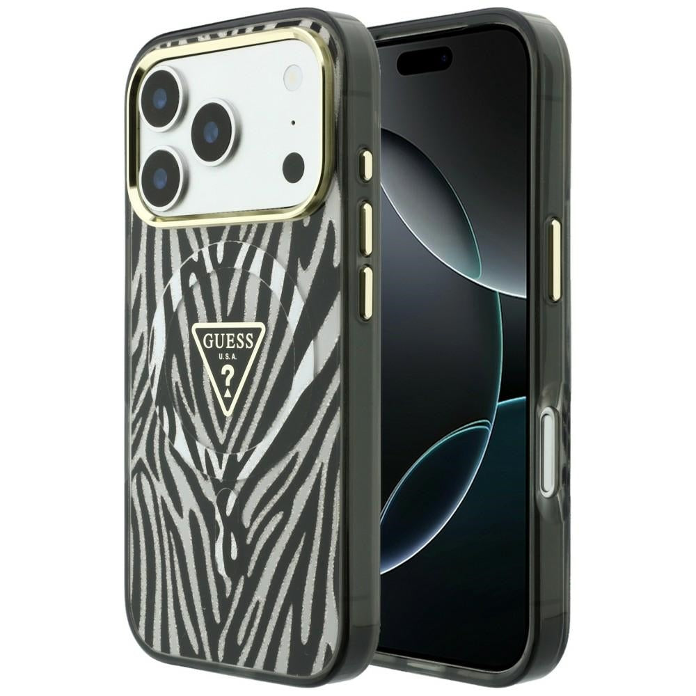 Husa Guess IML Zebra Glitter Triangle Logo Magsafe pentru iPhone 18 Pro / 17 Pro - Argintiu