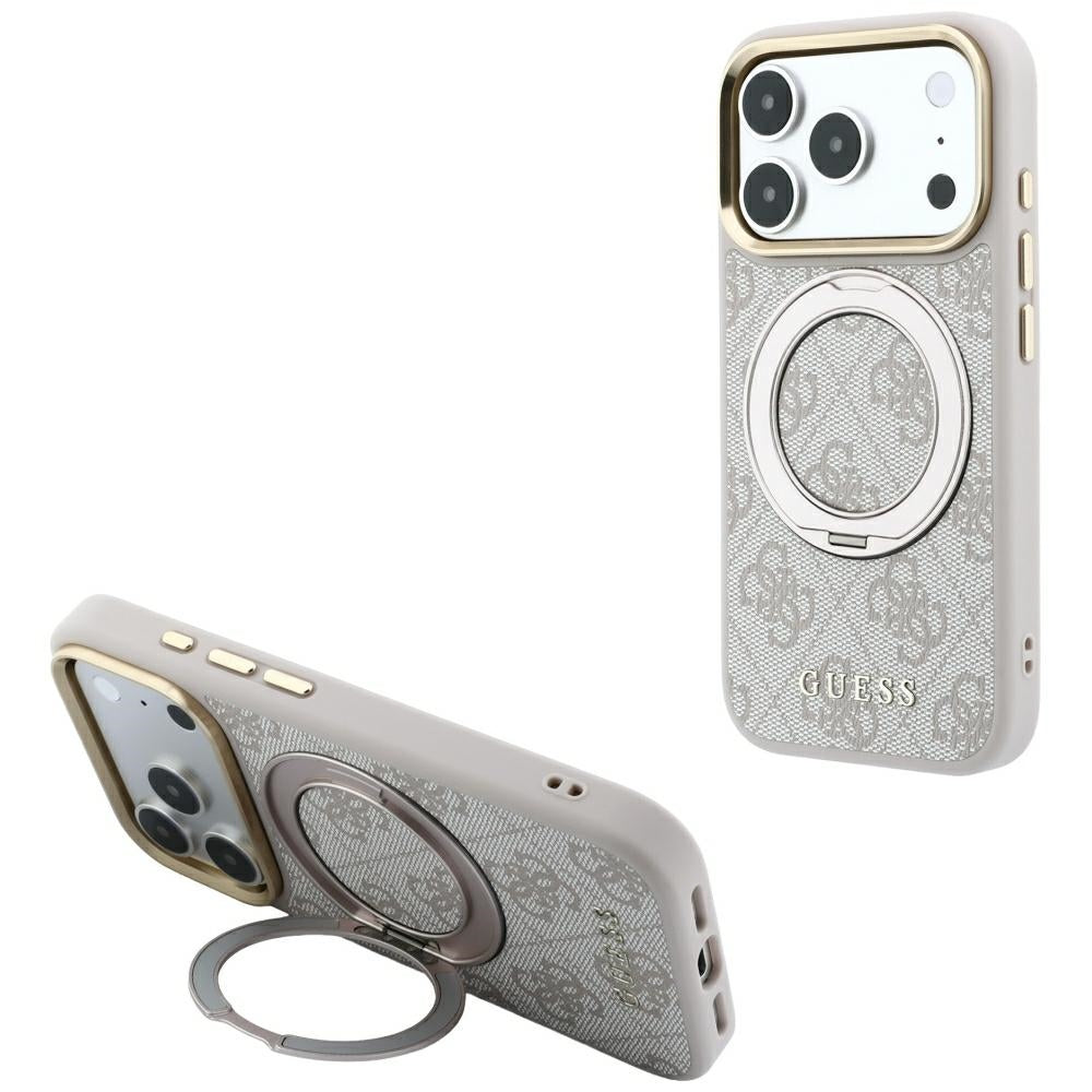 Husa Guess Ring Stand 360 4G Classic Logo Magsafe pentru iPhone 17 Pro Max / 18 Pro Max - Roz