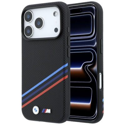 Husa BMW M Quadrille Kevlar Print Tricolor Lines & Metal Logo Magsafe pentru iPhone 18 Pro / 17 Pro - Negru