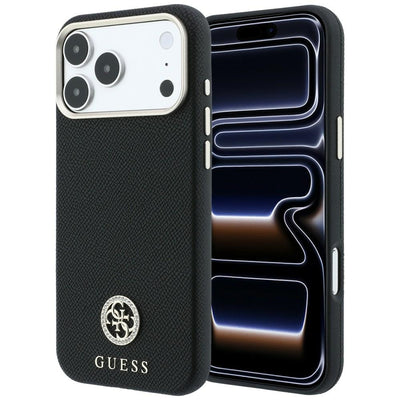 Husa Guess Grained Round Strass Logo Magsafe pentru iPhone 18 Pro Max / 17 Pro Max - Negru
