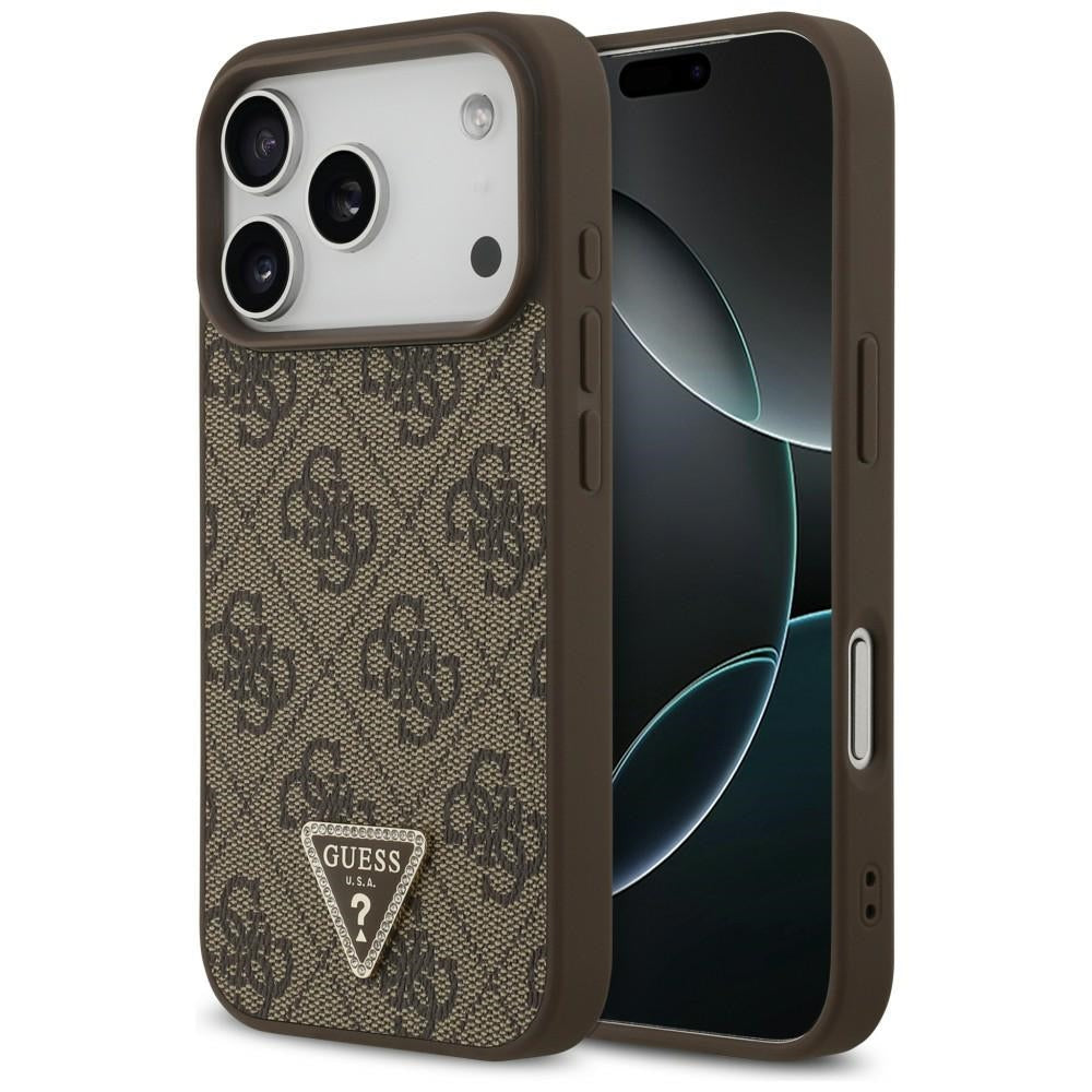 Husa Guess piele 4G Triangle Strass Magsafe pentru iPhone 18 Pro / 17 Pro - Maro