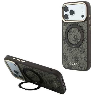 Husa Guess Ring Stand 360 4G Classic Logo Magsafe pentru iPhone 18 Pro / 17 Pro - Maro