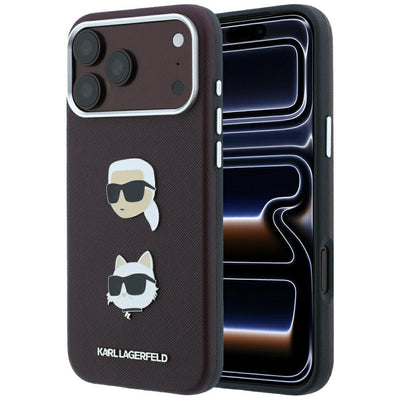 Husa Karl Lagerfeld Saffiano cu Karl & Choupette Heads Pins & Logo pentru iPhone 18 Pro / 17 Pro - Burgundy
