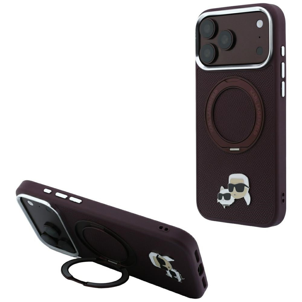 Husa Karl Lagerfeld cu Ring Stand 360 Karl & Choupette Heads Pin Magsafe pentru iPhone 18 Pro / 17 Pro - Burgundy