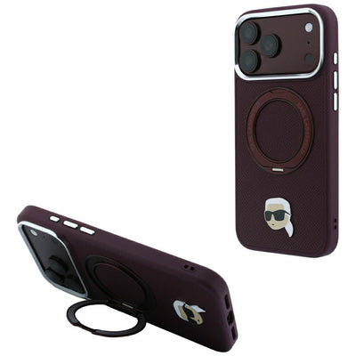 Husa Karl Lagerfeld cu Ring Stand 360 Karl Head Pin Magsafe pentru iPhone 18 Pro / 17 Pro - Burgundy