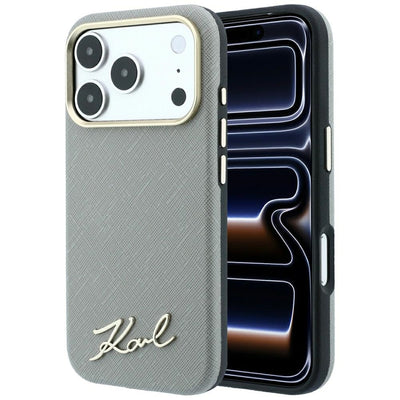 Husa Karl Lagerfeld Saffiano Small Script Metal Logo Magsafe pentru iPhone 18 Pro / 17 Pro - Bej