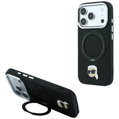 Husa Karl Lagerfeld cu Ring Stand 360 Karl Head Pin Magsafe pentru iPhone 18 Pro / 17 Pro - Negru