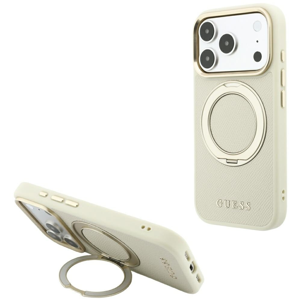 Husa Guess Ring Stand 360 Grained Classic Logo Magsafe pentru iPhone 18 Pro / 17 Pro - Bej
