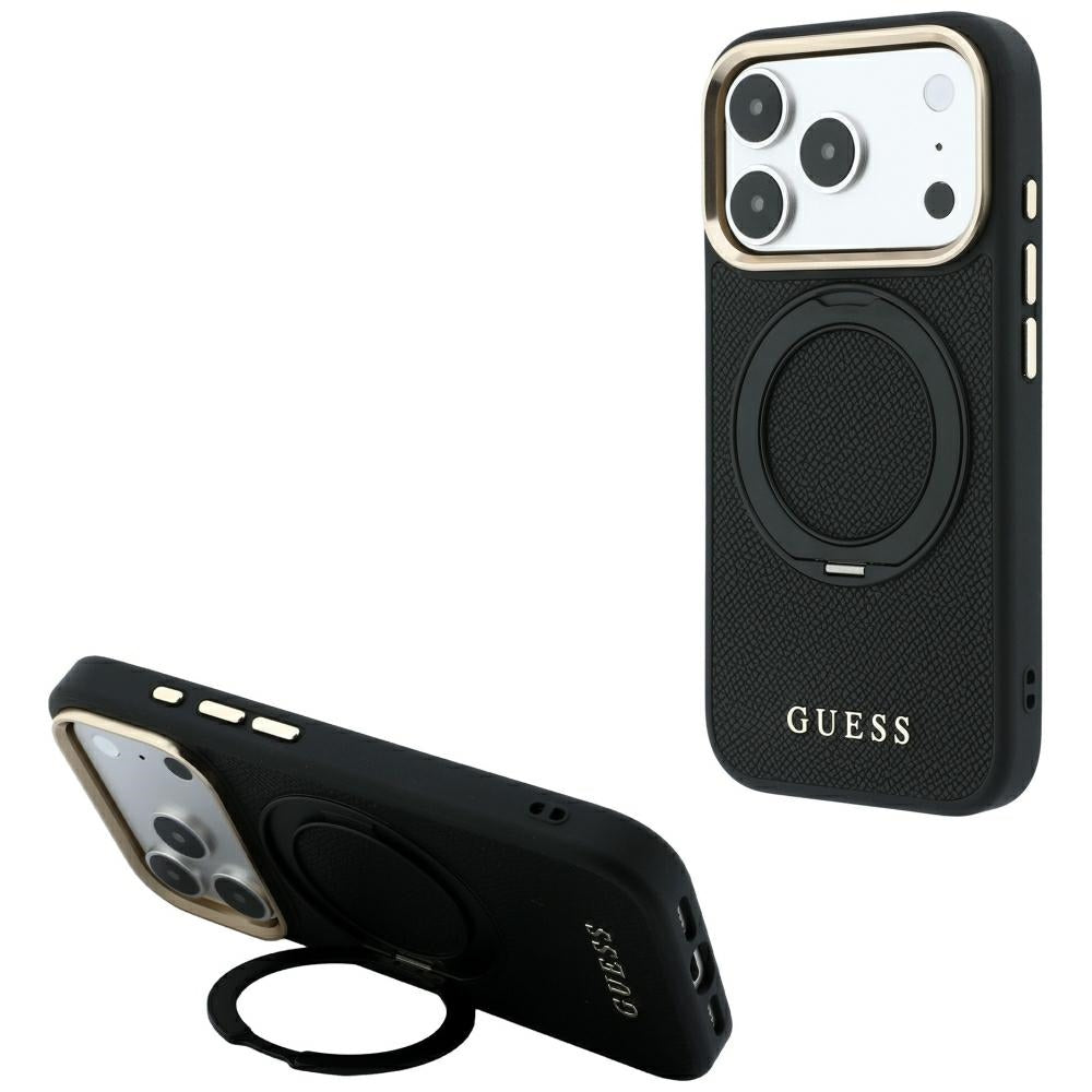 Husa Guess Ring Stand 360 Grained Classic Logo Magsafe pentru iPhone 18 Pro Max / 17 Pro Max - Negru