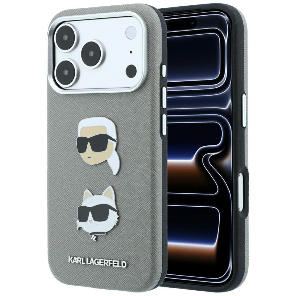 Husa Karl Lagerfeld Saffiano cu Karl & Choupette Heads Pins & Logo pentru iPhone 18 Pro / 17 Pro - Gri