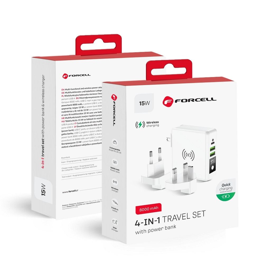 Incarcator Forcell Multifunction F-energy 4in1 2 X USB A + USB C 15W + Acumulator extern 8000mAh + Wireless Charging Alb