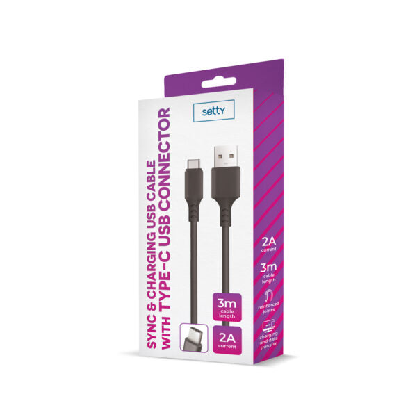 Setty cablu USB - USB-C 3,0 m 2A Negru NEW