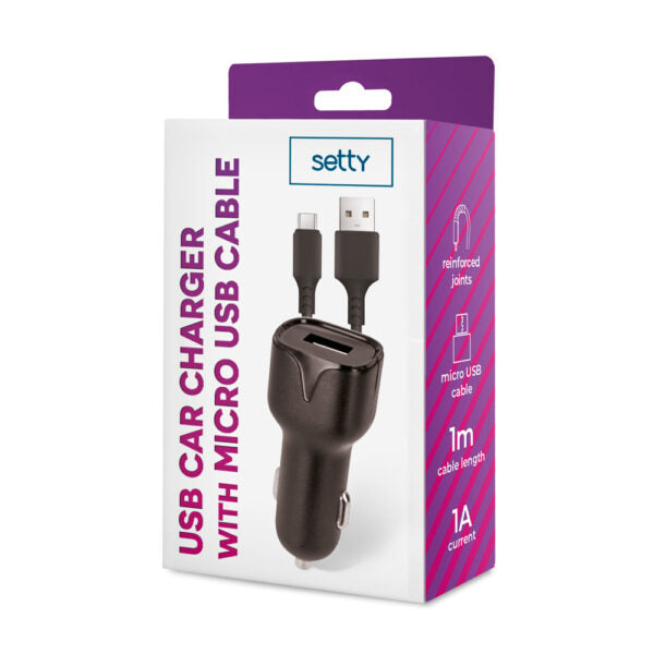 Încărcător auto Setty 1x USB 1A negru + cablu microUSB 1,0 m NOU