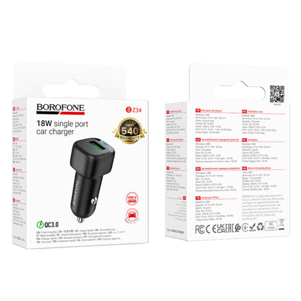 Borofone – Încărcător Auto Cloud (BZ34) – USB, Port Unic, 18W (QC/FCP/AFC), ABS, pentru 12–24V – Negru