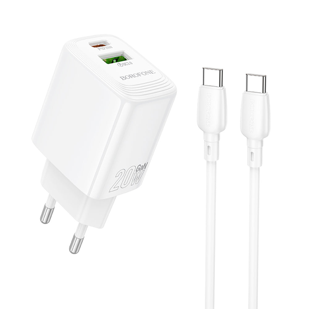 Cablu R06 Borofone - Incarcator priza Fuente (Bn27) - Usb-c Included, USB + Usb-c, Pd20w, Qc3.0, Gan Technology - Alb