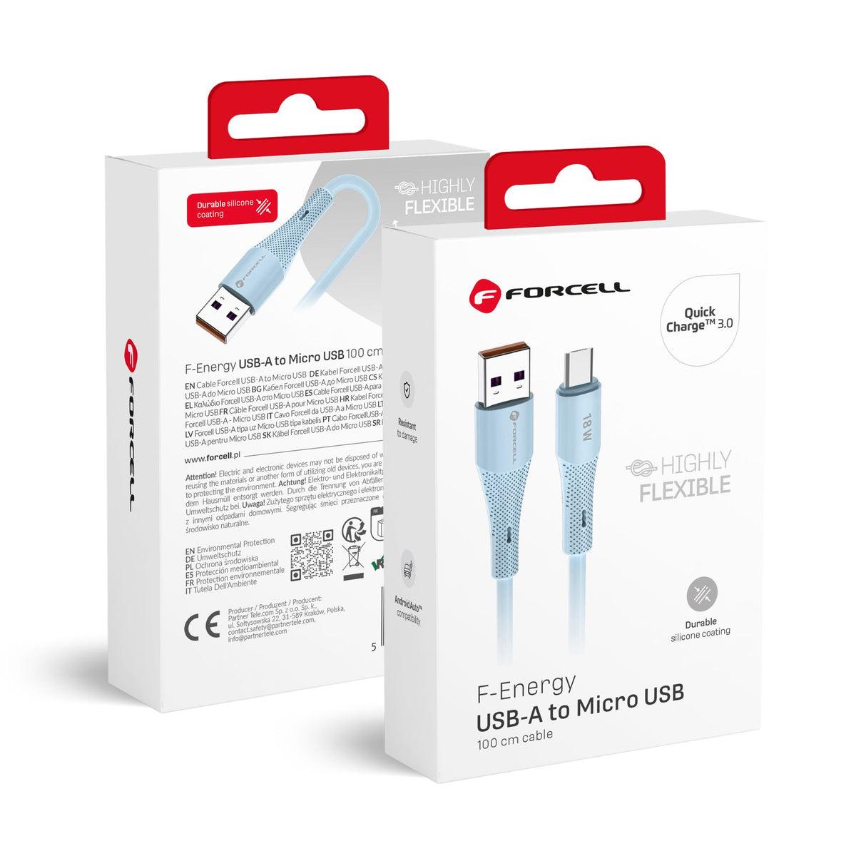 Cablu Forcell USB A To Micro USB F-energy Qc3.0 2,4A 18W Silicone 1 M C341 Albastru