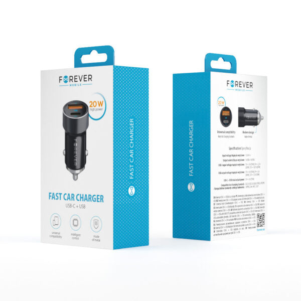 Încărcător auto Forever CC-06 PD QC 1x USB‑C 1x USB 20W negru