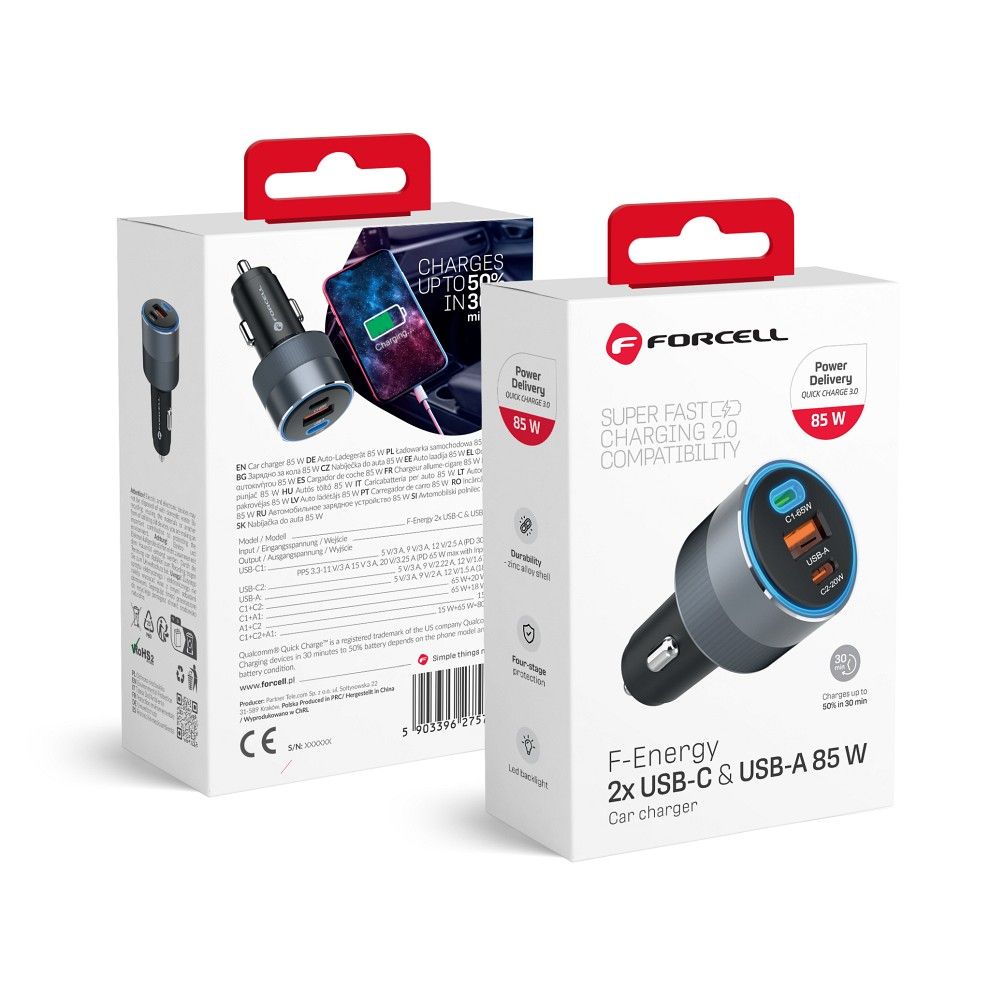 Incarcator auto Forcell F-energy Alu 2 X USB C + USB A Qc4.0 PD Sfc2.0 3A 85W Gri