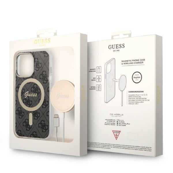 Set Guess husă + încărcător pentru iPhone 13 Pro 6,1″ GUBPP13LH4EACSK, carcasă rigidă neagră 4G Print, MagSafe