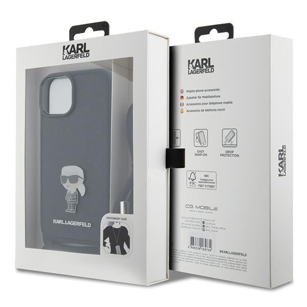 Husă pentru iPhone 15 Karl Lagerfeld 6,1" KLHCP15SSASKNPSK black HC Saffiano Ikonik Metal Pin Monogram Crossbody – Negru
