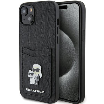 Husa Karl Lagerfeld pentru iPhone 15 6,1" Negru Hardcase Saffiano Cardslot Karl&Choupette Metal Pin