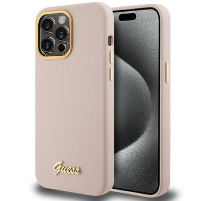 Husa Guess pentru iPhone 15 Pro 6,1" Roz HC Silicone Script Metal Logo & Frame