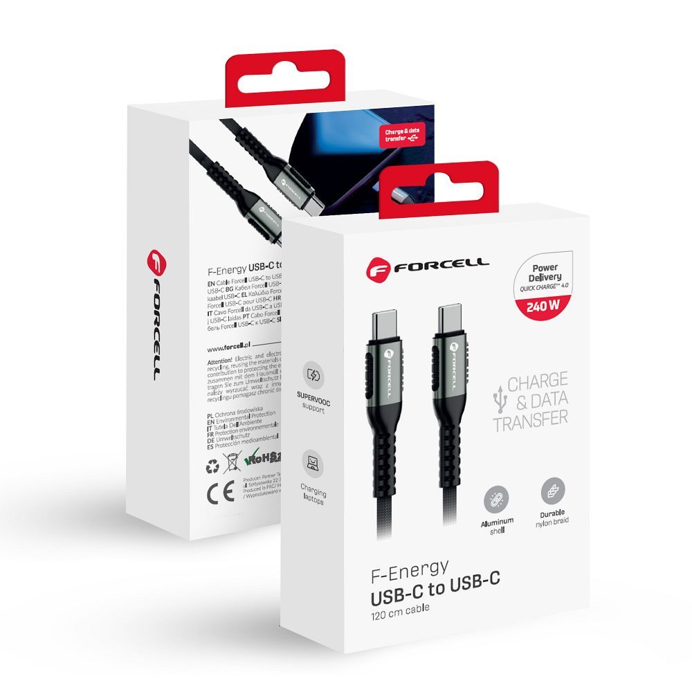 Cablu Forcell USB C To USB C F-energy Qc4.0 PD 5A 240W Cafule 1,2 M C263 Negru