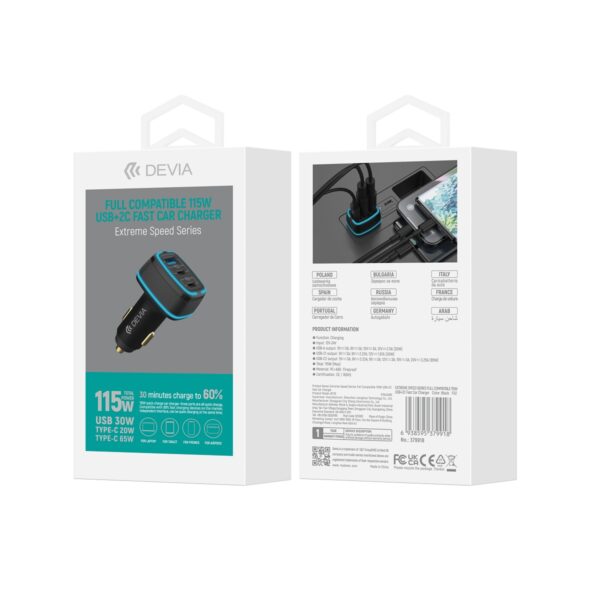 Încărcător auto Devia Extreme 115W 2x USB‑C 1x USB negru
