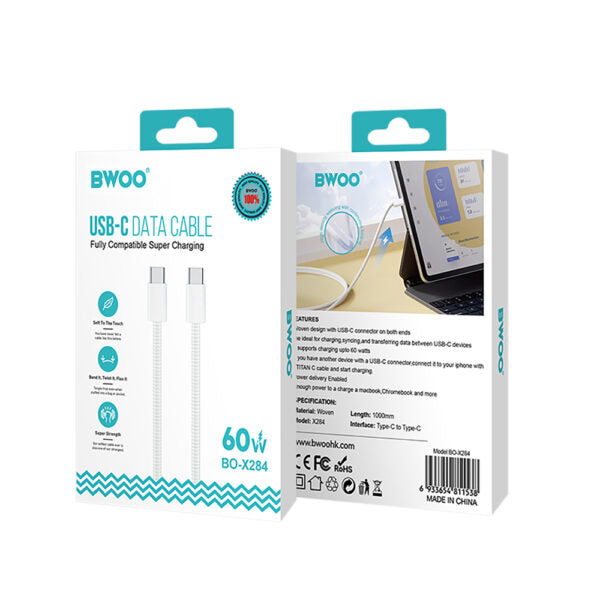 BWOO cablu USB-C - USB-C 1m 60W for iPhone 15 BO-X284 Alb