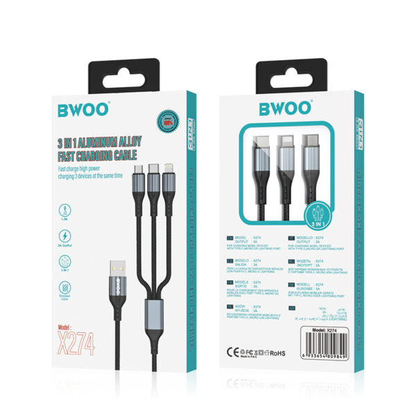 BWOO 3-in-1 cablu USB - USB-C, Lightning, Micro USB 1,2M 3A X274 Negru