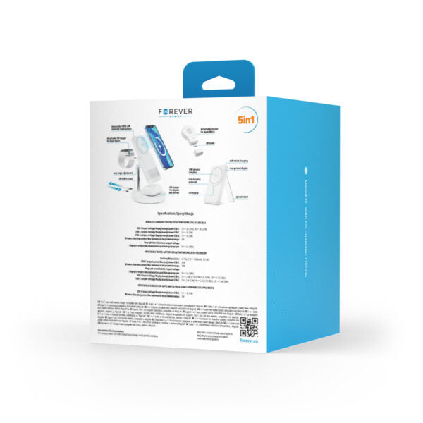 Stație de încărcare wireless magnetică Forever MACS‑100 cu power bank, albă, 5‑în‑1