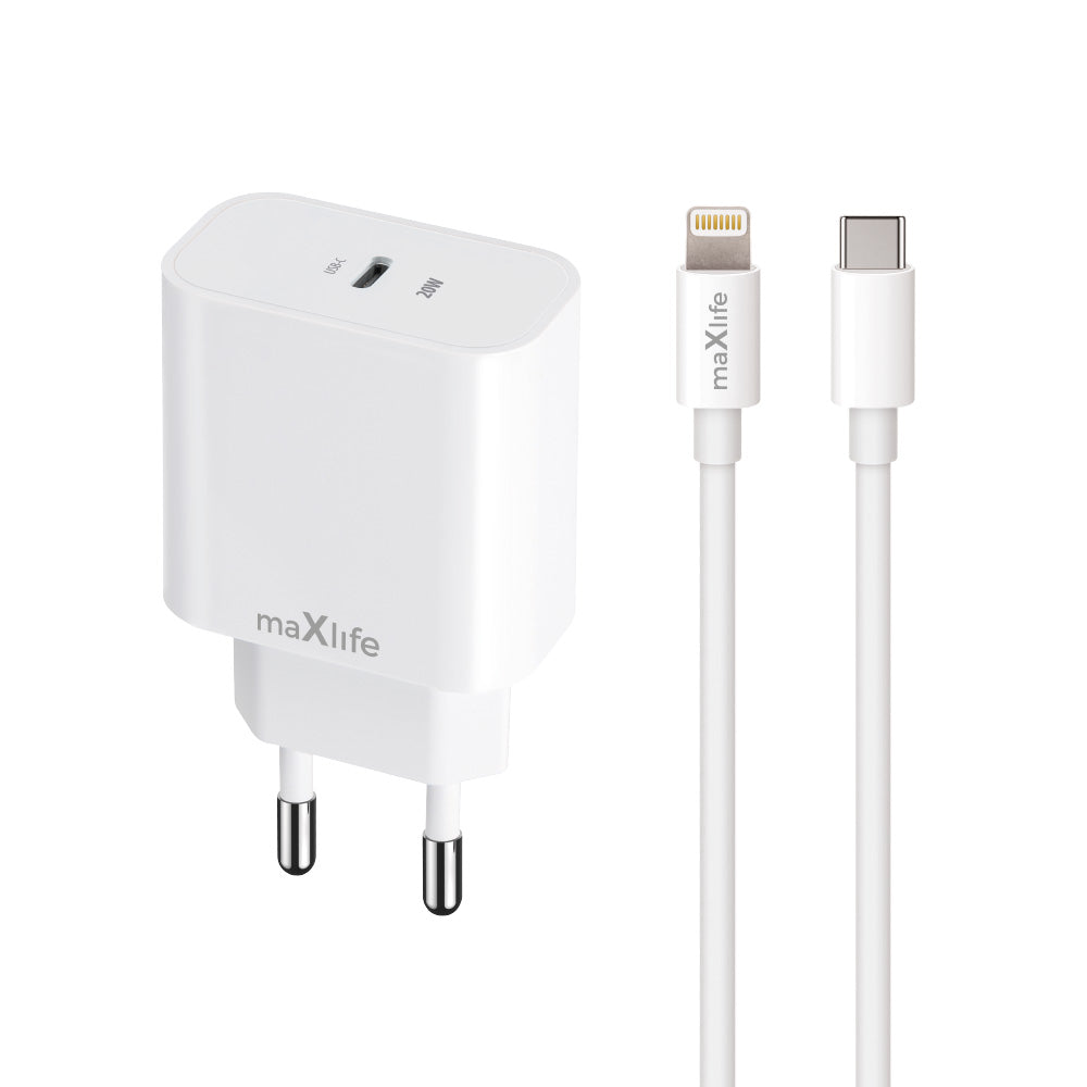 Cablu Maxlife Mxtc-06-20c PD QC Incarcator 1x Usb-c 20W Alb + Usb-c - Lightning 20W
