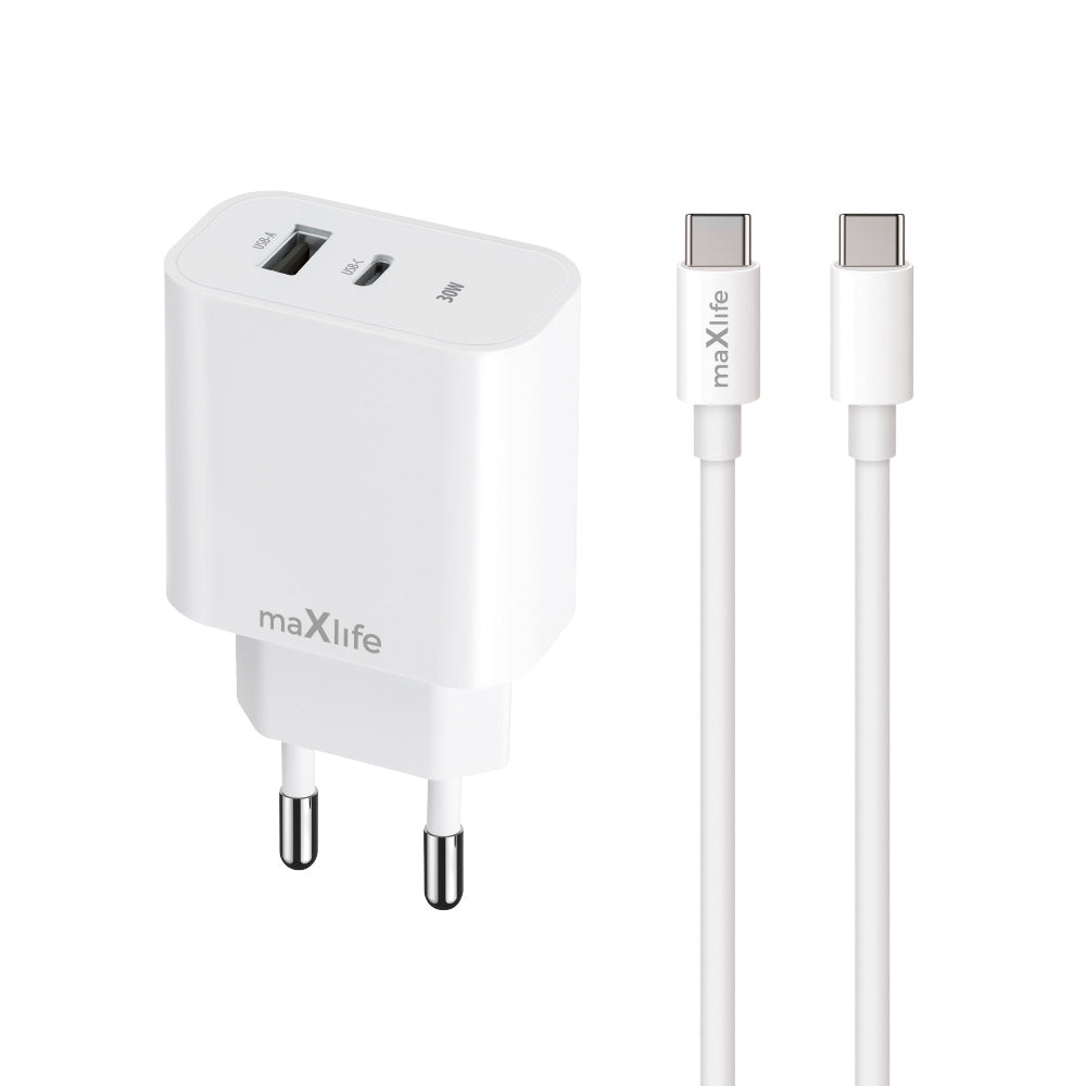 Cablu Maxlife Mxtc-06-30ac PD QC Incarcator 1x Usb-c 1x USB 30W Alb + Usb-c - Usb-c 60W
