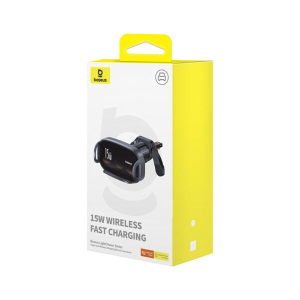 Suport auto electric Baseus LightChaser Series cu încărcare wireless triple‑coil, negru