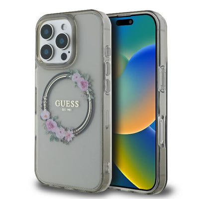Husa Guess pentru iPhone 16 Pro 6,3" IML Flowers Wreath Negru Magsafe
