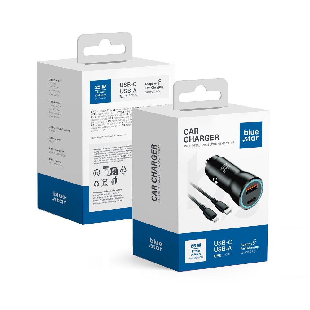 Cablu Albastru Star Incarcator auto USB C + USB A Qc3.0 PD AFC PPS 3A 25W + USB C To Lightning Negru