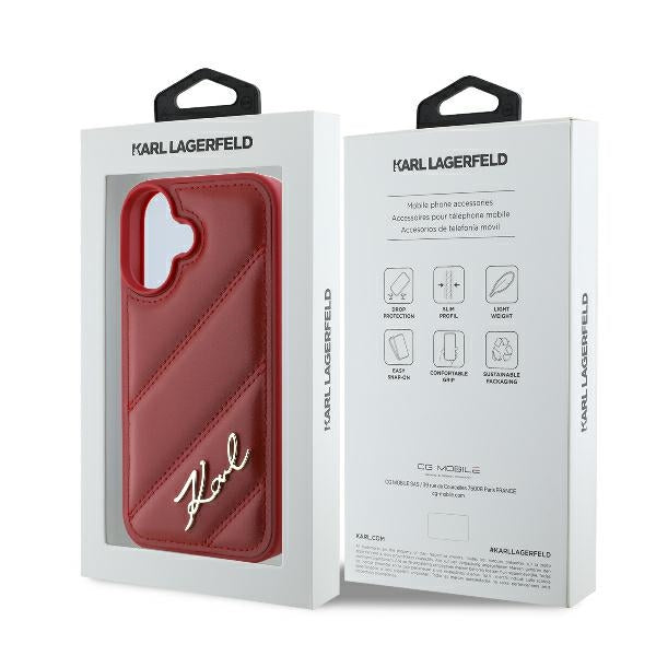 Husă pentru iPhone 16 Karl Lagerfeld 6,1" KLHCP16SPQDSMGR red Hard Diagonal Quilted Script – Roșu