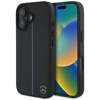 Husa Mercedes pentru iPhone 16 6,1" Mehmp16s23rurbk Hardcase MB Albastru Line Leather Magsafe Negru
