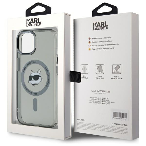 Husă pentru iPhone 15 Karl Lagerfeld HC MagSafe IML Metal Choupette Head 6,1" black – Negru
