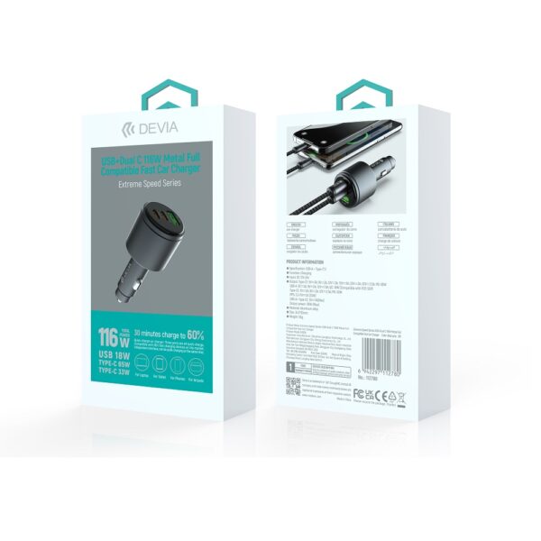 Încărcător auto Devia Extreme Metal PD QC 116W 1x USB 2x USB‑C negru