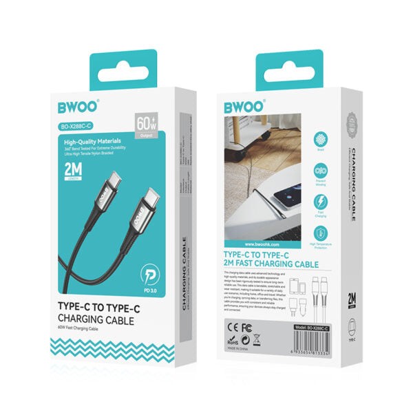 BWOO Braided cablu X288C-C USB-C - USB-C 2m 60W Negru