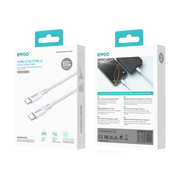 BWOO cablu USB-C - USB-C 2m 60W ABS + TPE Alb